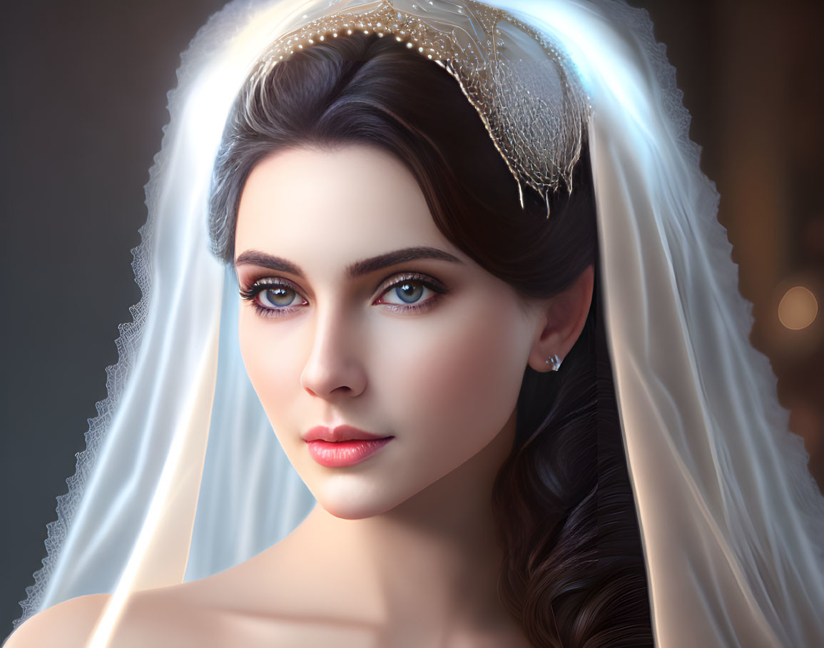 Dark-haired bride in veil and tiara smiling forward