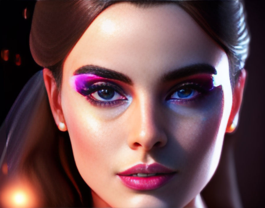 Detailed portrait of woman with purple eyeshadow and intense gaze