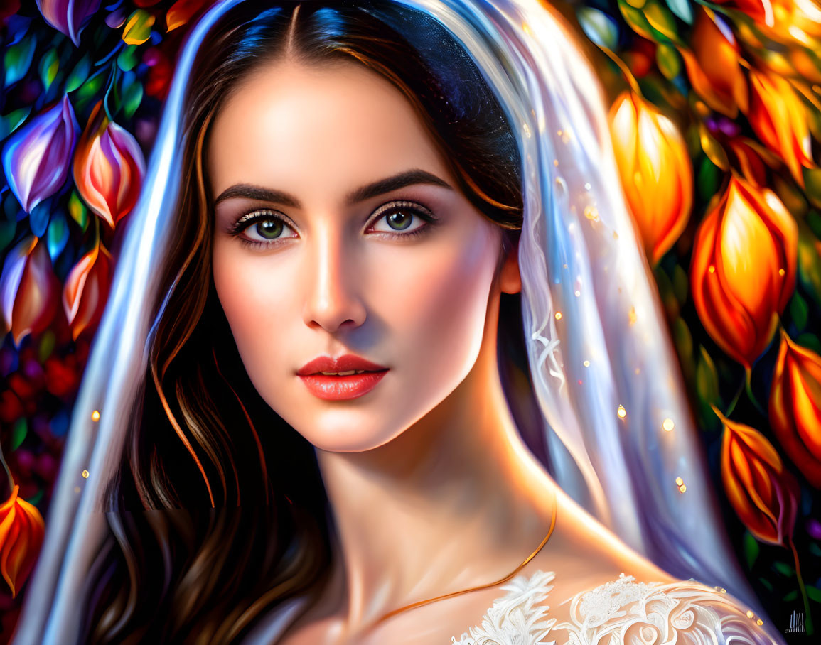 Portrait of woman with long dark hair and striking eyes in bridal veil against vibrant floral background