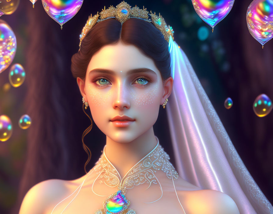 Digital portrait of woman with blue eyes in tiara and jewelry, surrounded by colorful bubbles in forest.