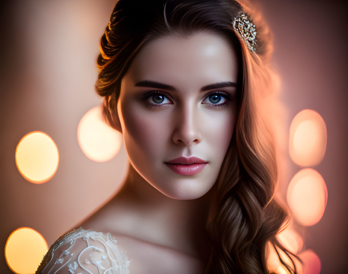 Styled Woman in Tiara and Lace Outfit with Blurred Lights