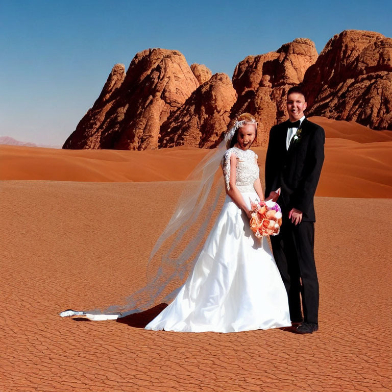 Newlyweds smiling in desert with red sand dunes & rocky backdrop