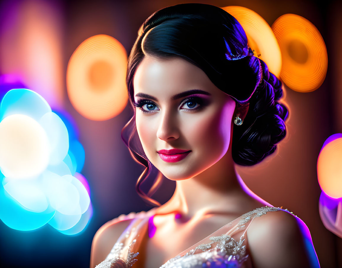 Styled woman with elegant attire, bokeh lights background.