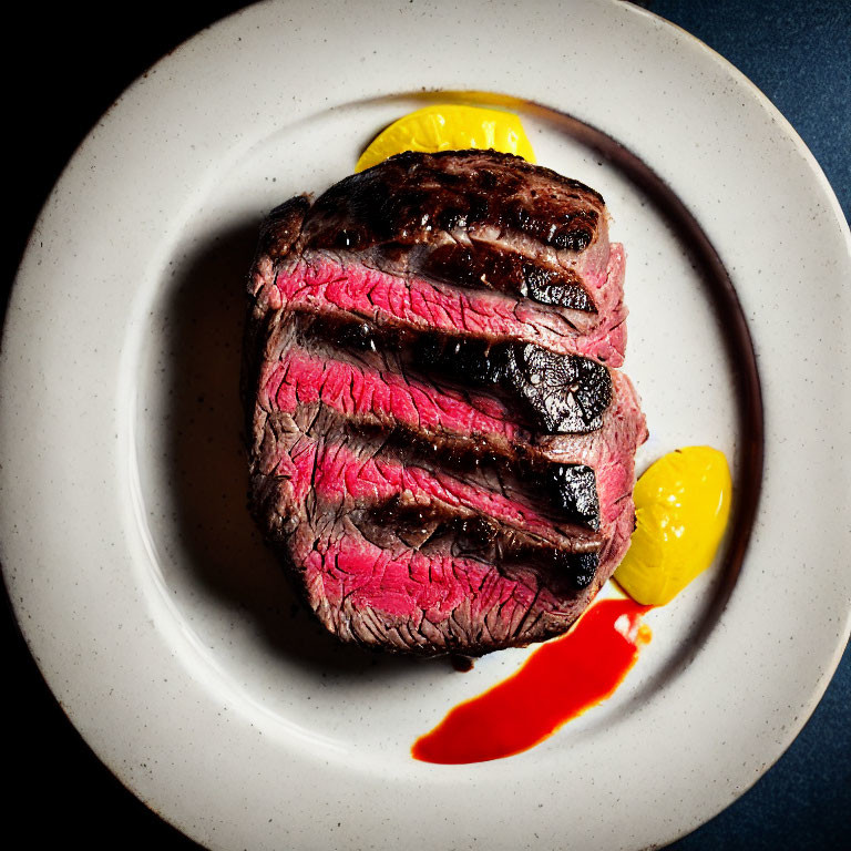 Medium-Rare Steak Slices with Red and Yellow Sauces on White Plate