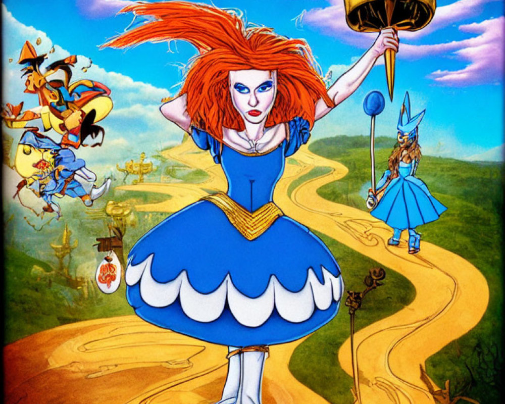 Colorful illustration of red-haired woman with trumpet on yellow brick road