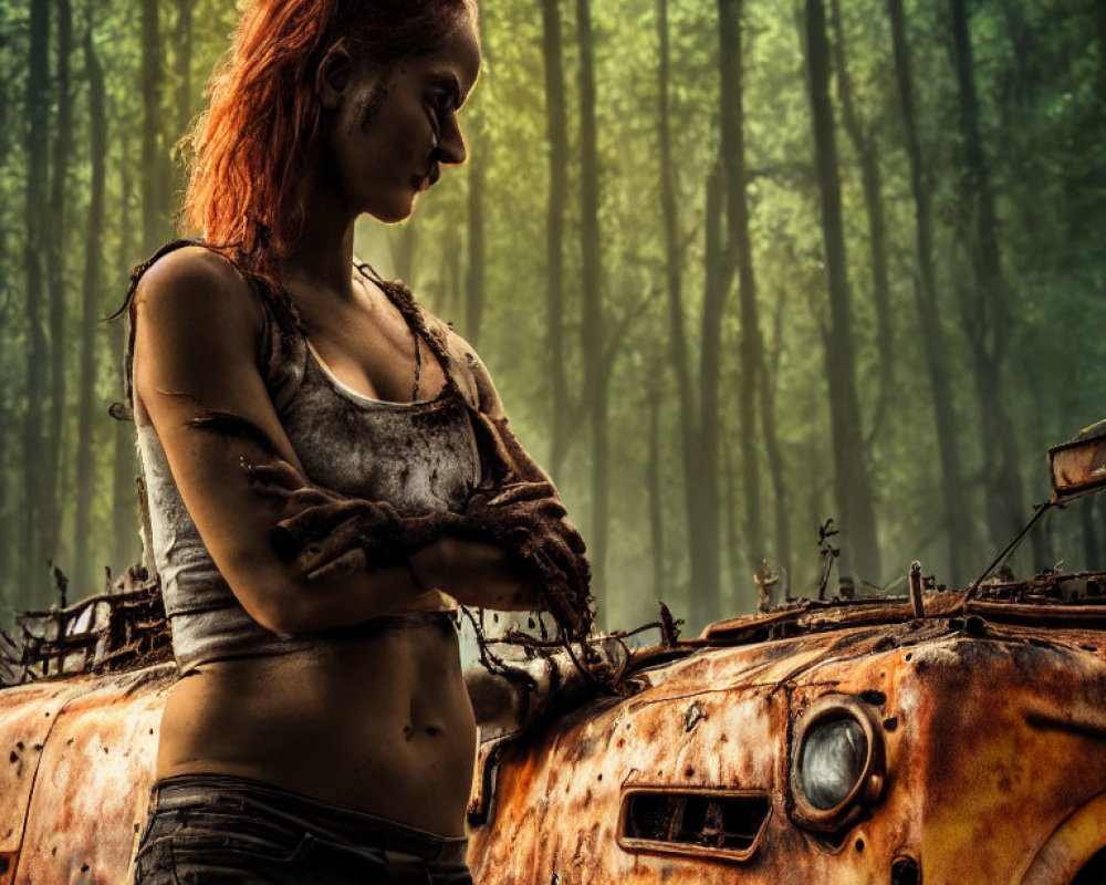 Red-haired woman by rusty car in foggy forest setting