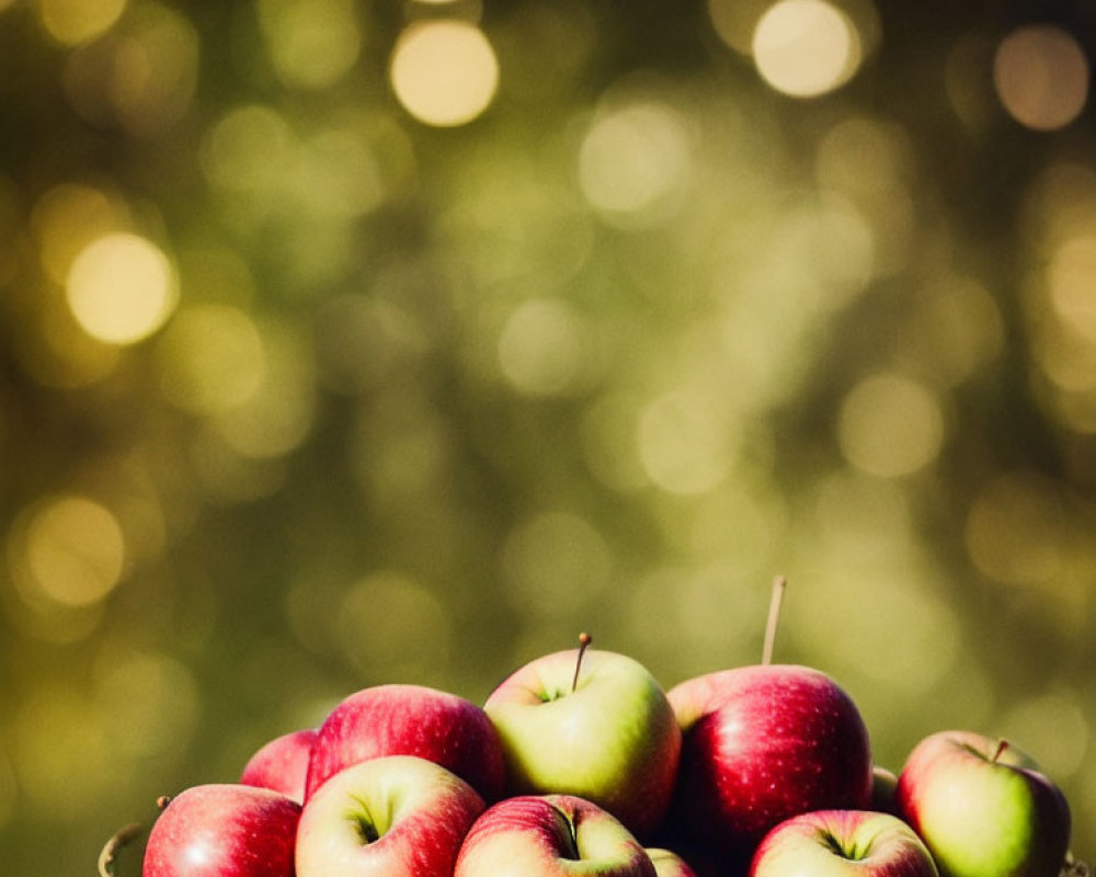 Basket of red and green apples with golden bokeh lights background