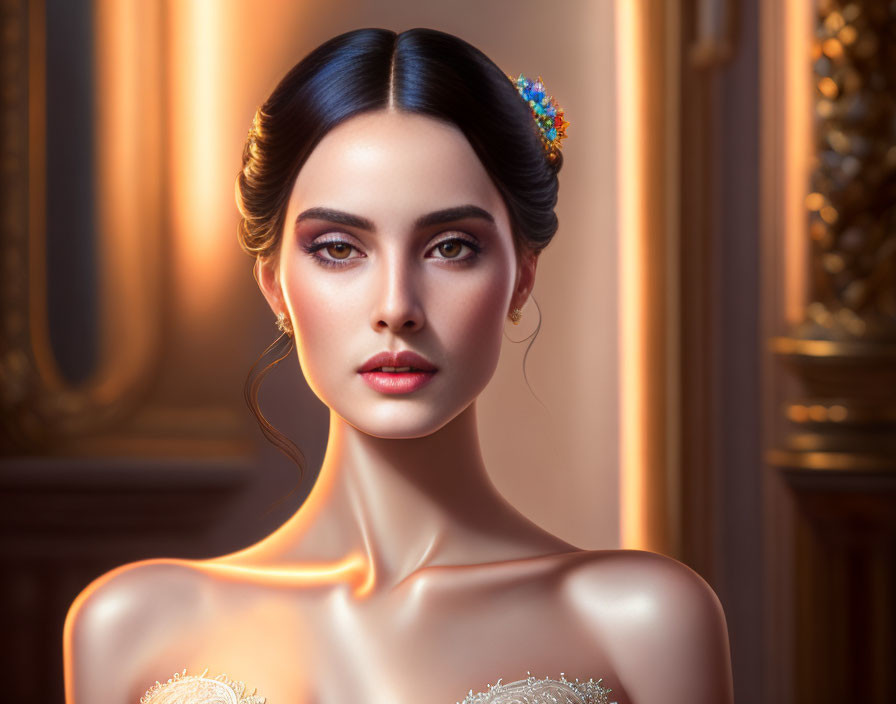 Portrait of woman with elegant makeup and jeweled hair accessory in golden light against classical interior.