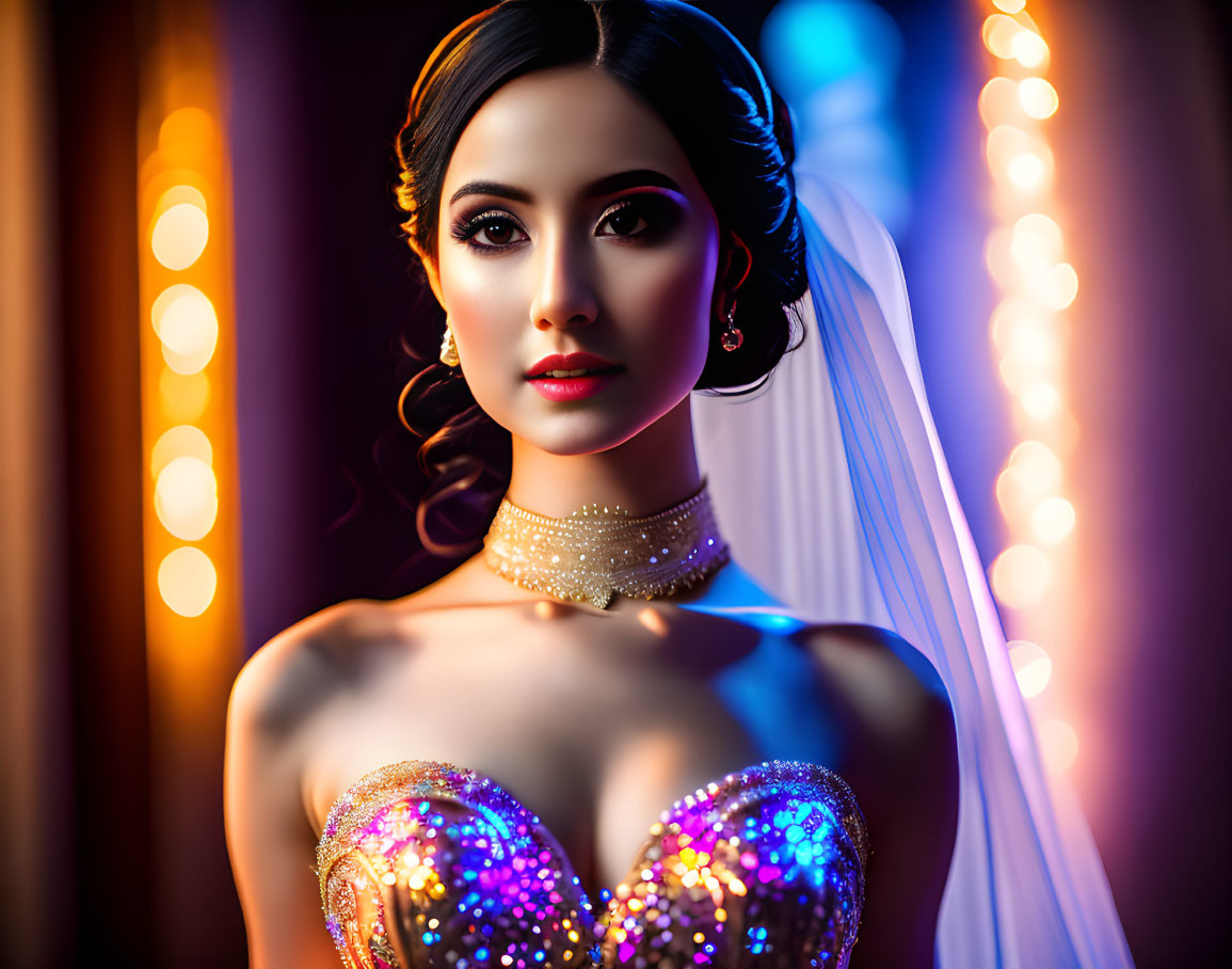 Bride in Sparkling Gown and Pearl Choker with Veil in Warm Glowing Lights