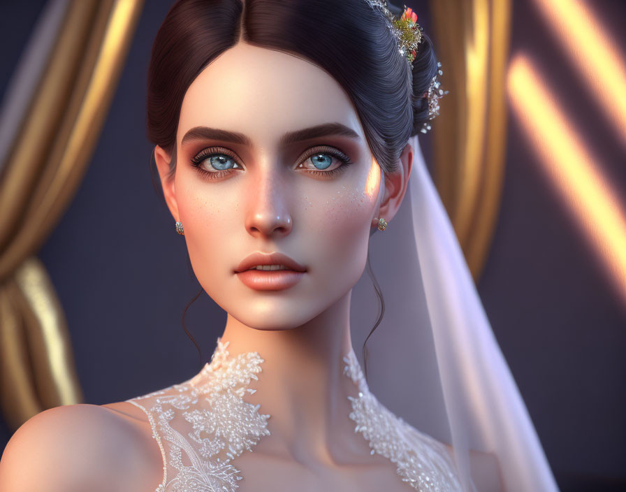 Virtual bride with blue eyes and floral hairpiece in white lace dress