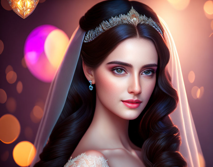 Illustrated bride with tiara and veil on bokeh light background