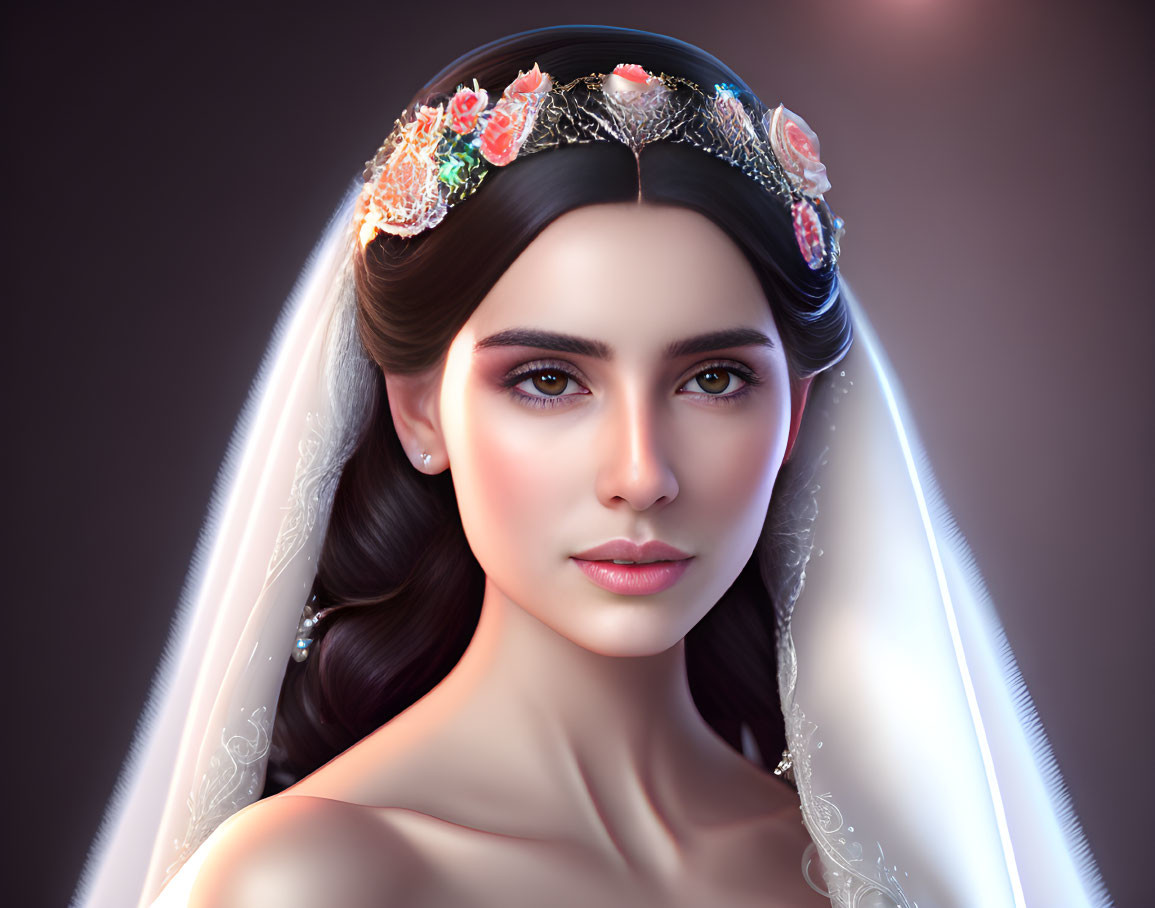 Digital portrait of bride with floral tiara, veil, and detailed makeup