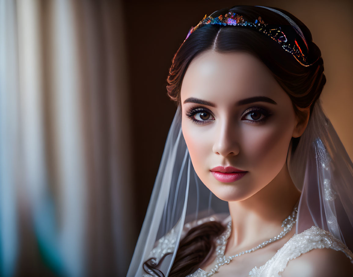 Bride with delicate tiara and veil in meticulously styled wedding attire