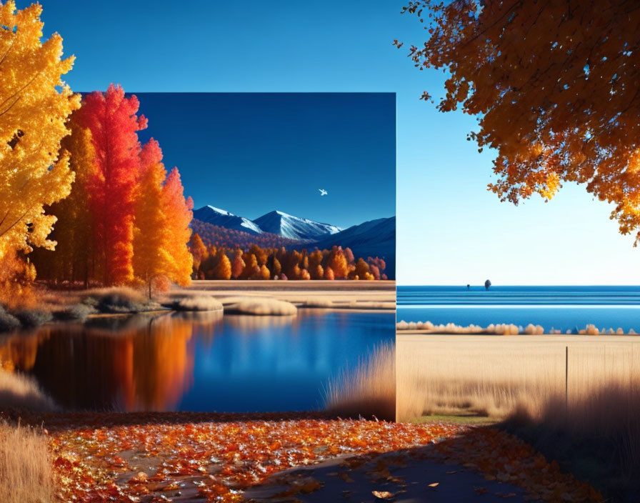 Vibrant Autumn Landscape by Lake and Serene Beach Scene