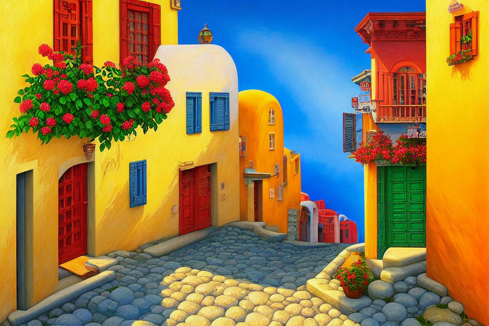 Colorful Cobblestone Street with Red Flowers and Blue Sky