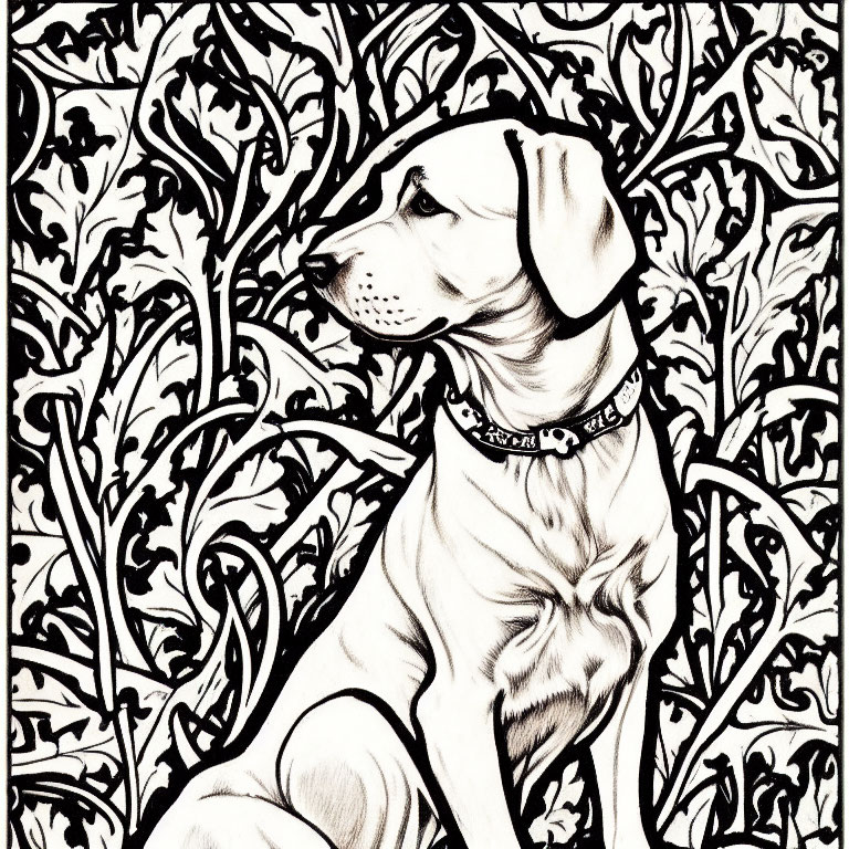 Monochrome dog illustration with intricate foliage pattern background