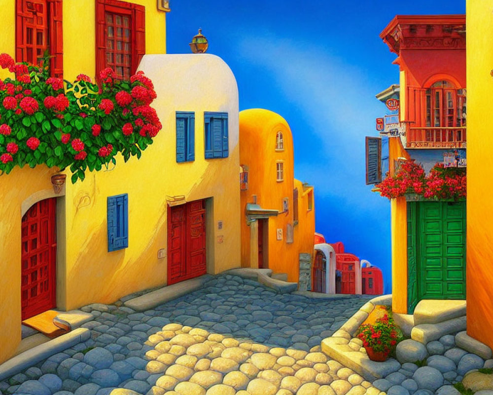 Colorful Cobblestone Street with Red Flowers and Blue Sky