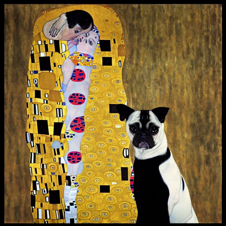 Pug dog superimposed on Gustav Klimt-inspired artwork