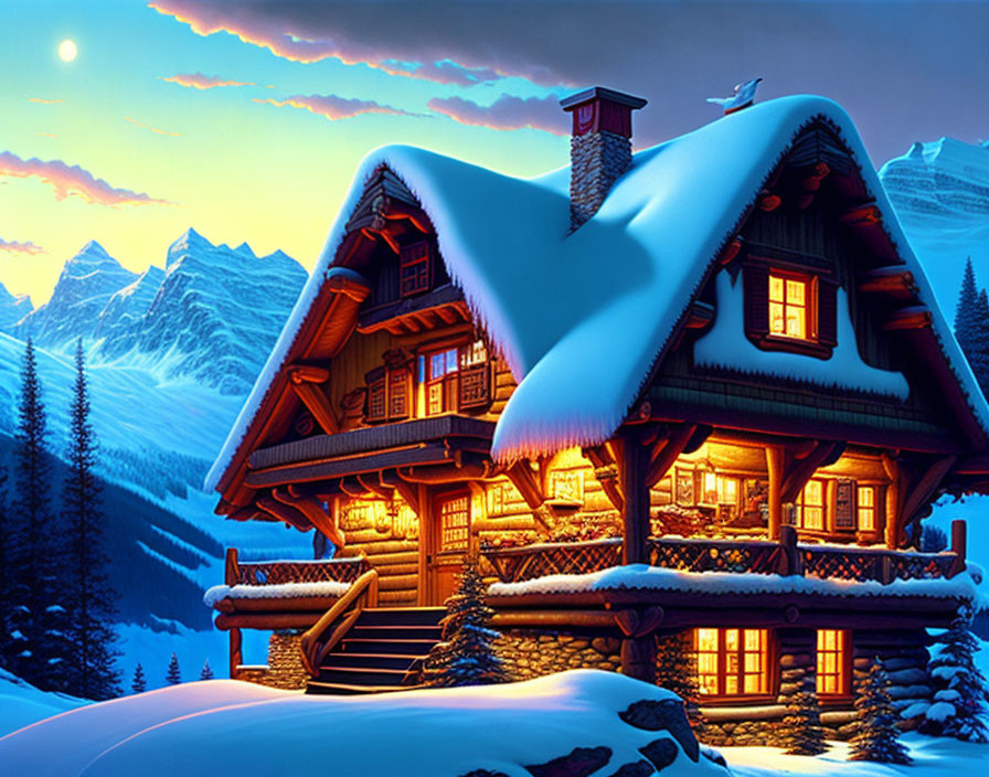 Snowy landscape: Cozy log cabin under moonlit sky