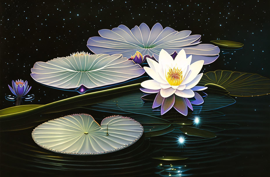 Stylized water lilies and pads on dark water with reflections.