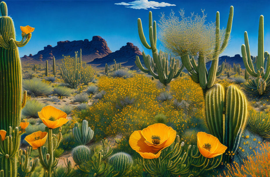 Colorful desert scene with cacti, poppies, and mountains under blue sky