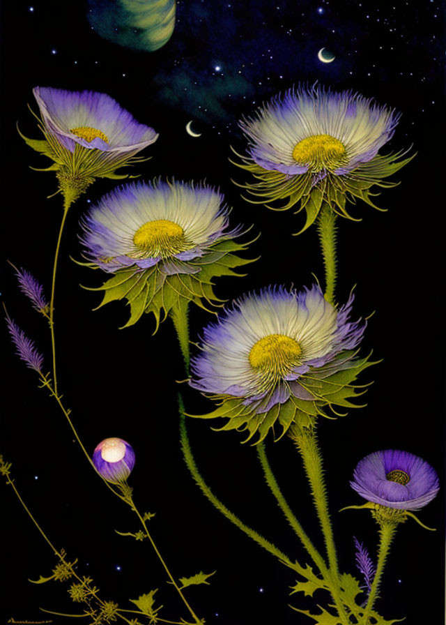 Purple and Yellow Flower Illustration with Starry Night Sky Background