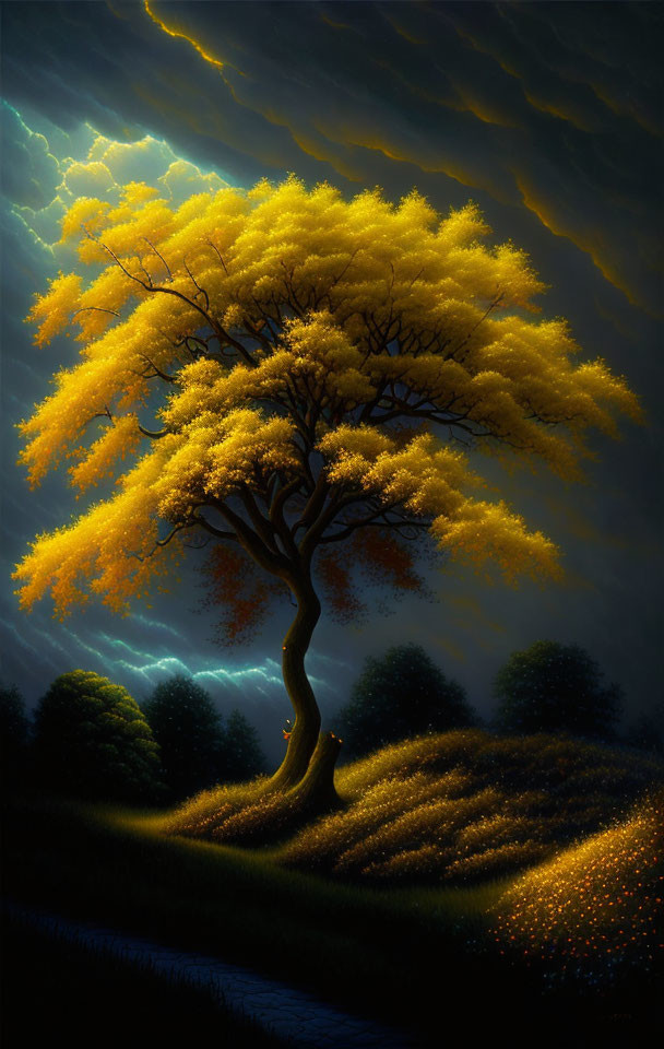 Vibrant yellow tree in stormy sky with glowing flowers.