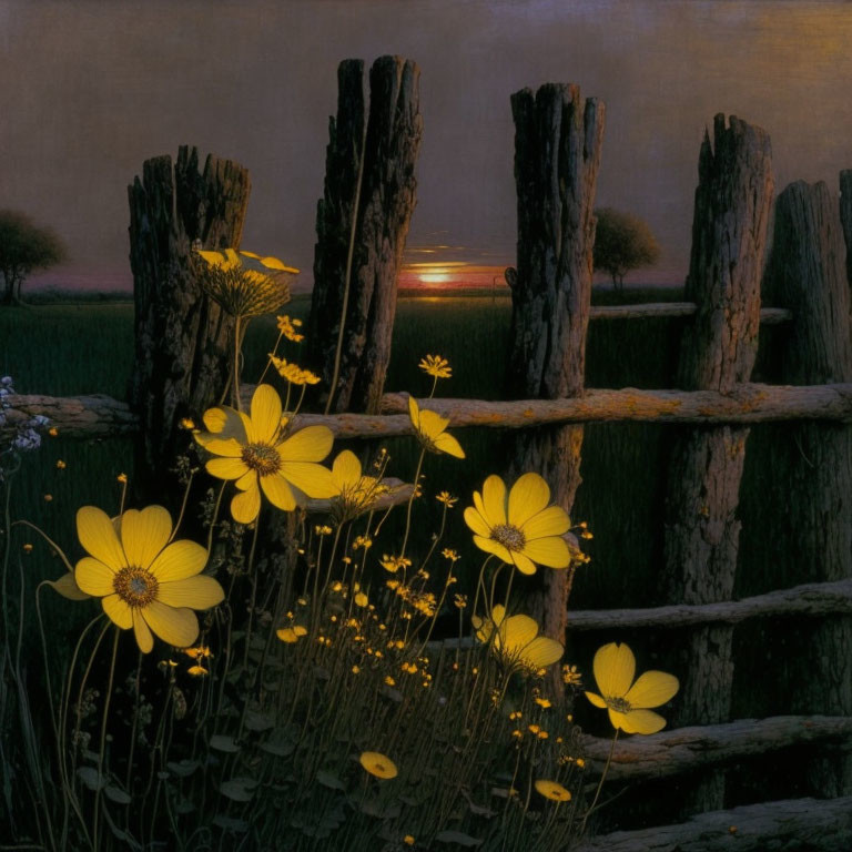 Tranquil painting of rustic fence, yellow flowers, twilight backdrop, distant sunset