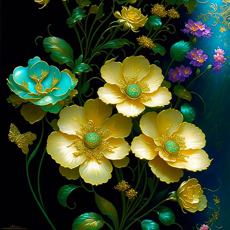 Luminous golden-yellow flowers in digital painting with blue details, greenery, and butterflies on dark