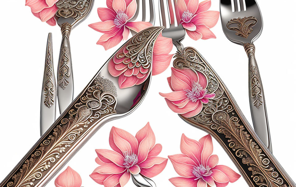 Intricate Floral Engravings on Elegant Silverware with Pink Flower Illustrations