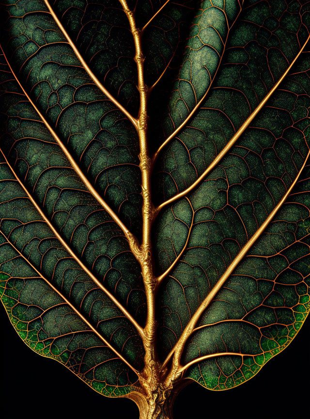 Detailed Close-Up of Illuminated Leaf Veins on Dark Background