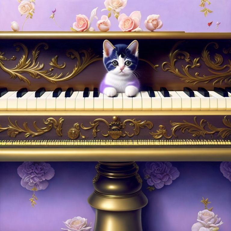 Striking-eyed kitten on grand piano keys with golden floral motifs