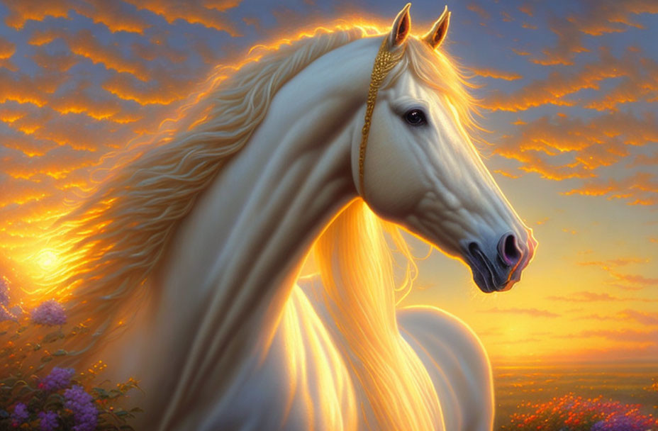 White Unicorn with Golden Horn and Sunset Sky