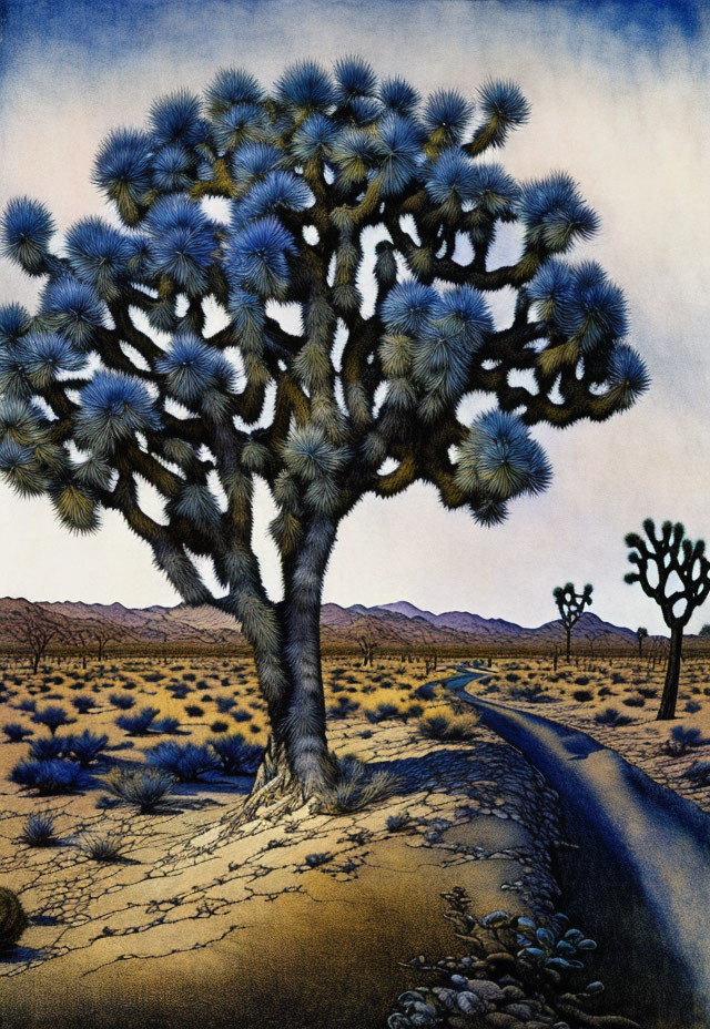 Desert Scene Illustration with Joshua Tree and Winding Road