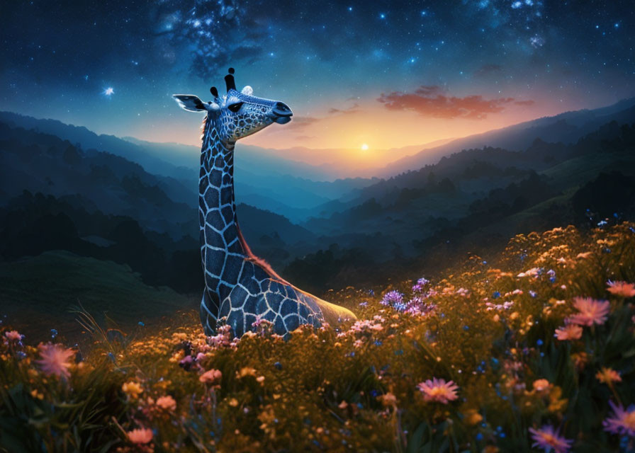 Giraffe head in flower-covered hill at twilight