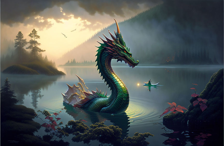 Majestic dragon in misty lake at sunset with greenery and small boat