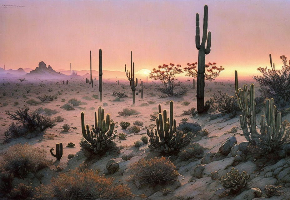 Twilight desert landscape with saguaros and flowering shrubs