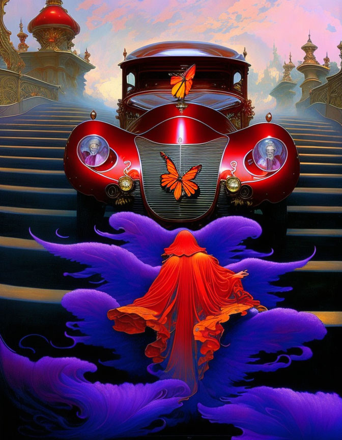 Fantastical vintage car with butterfly-winged headlights on ornate staircase amid surreal purple blooms.