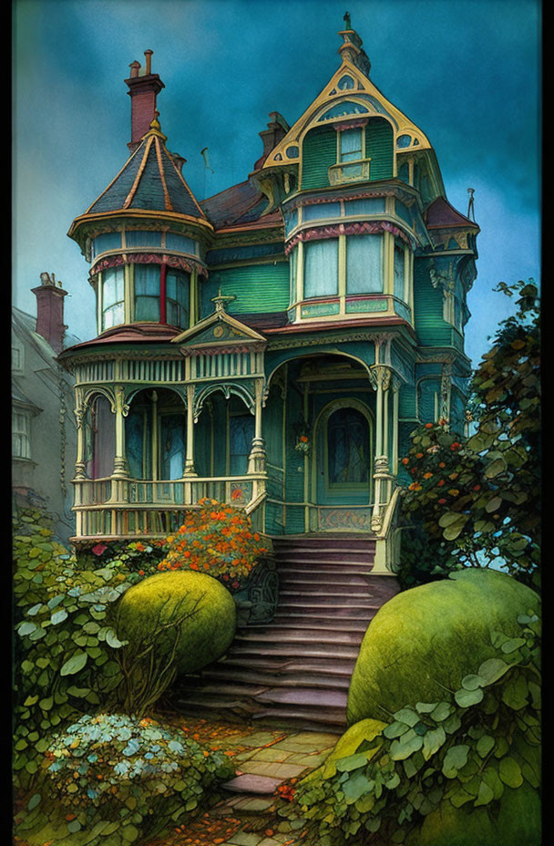 Victorian-style house illustration with vibrant blue and green hues