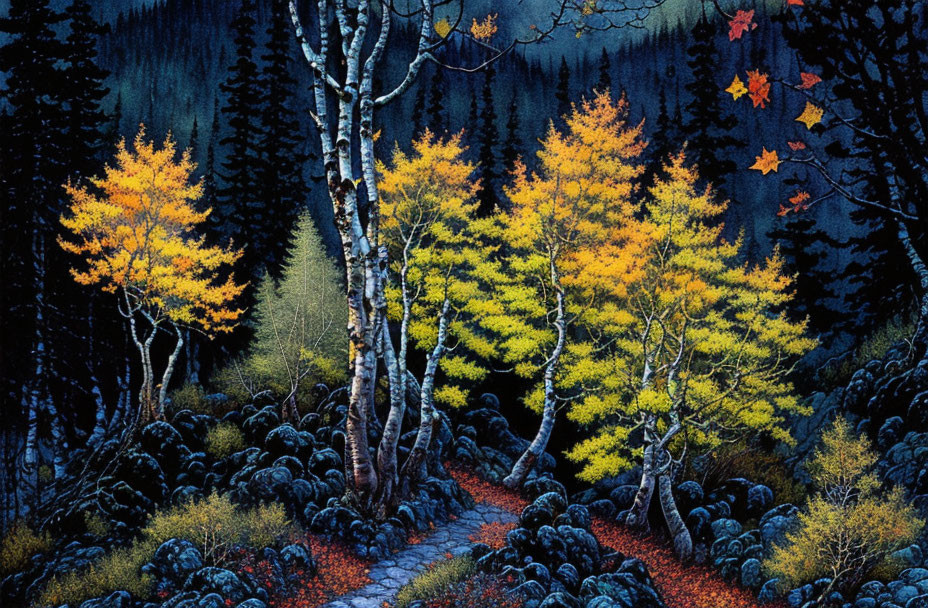 Enchanting night-time forest scene with stone path and autumn trees