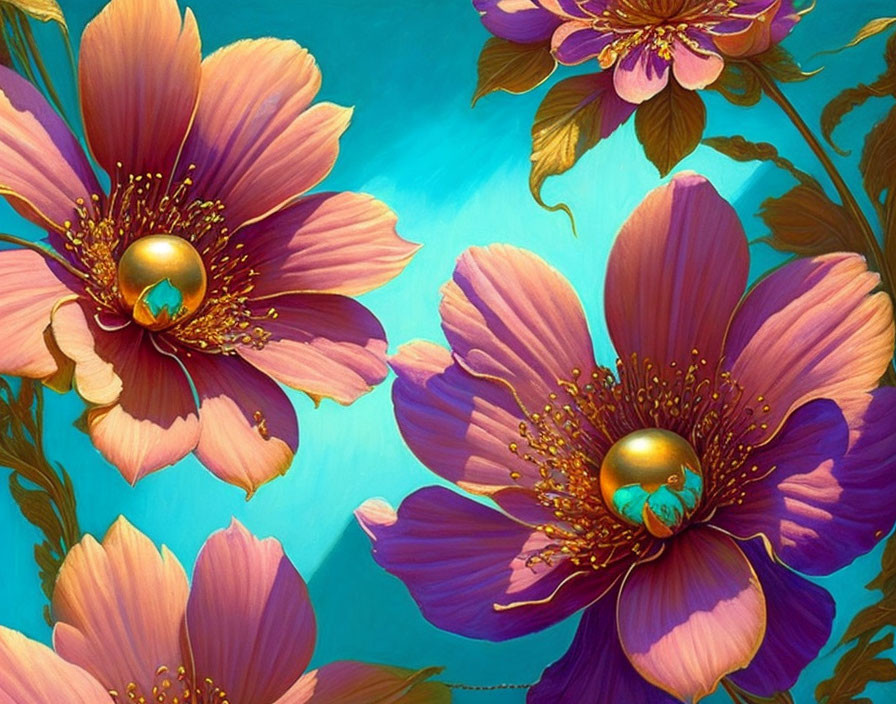 Colorful digital art: Pink flowers with golden centers on teal background