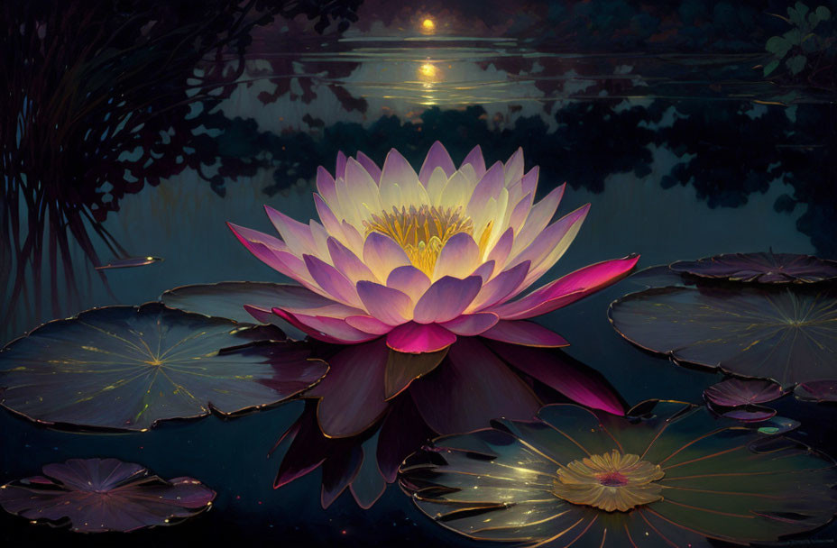 Vibrant pink and yellow lotus flower on dark water with lily pads and sunset reflection