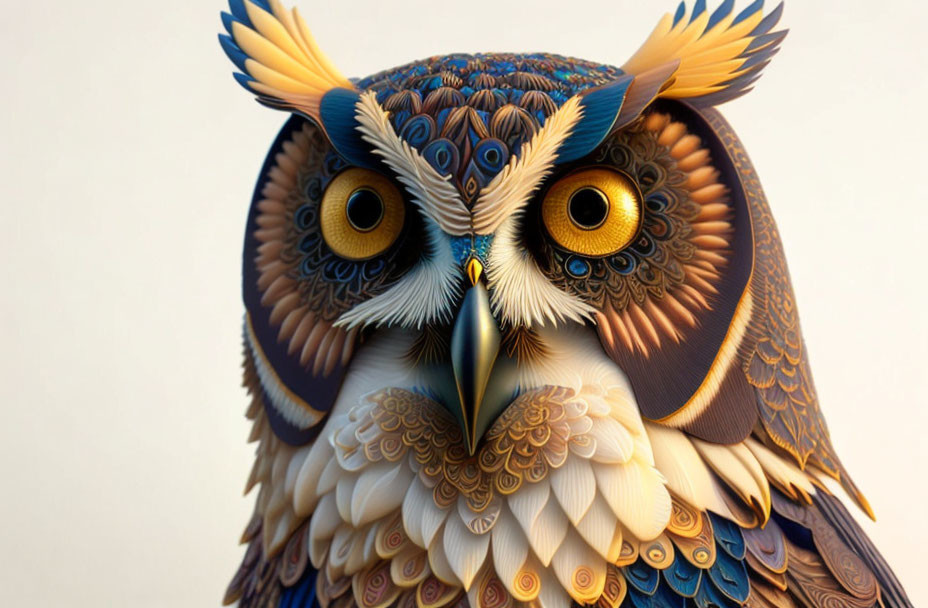 Intricate Paper Art Owl Sculpture with Colorful Feathers