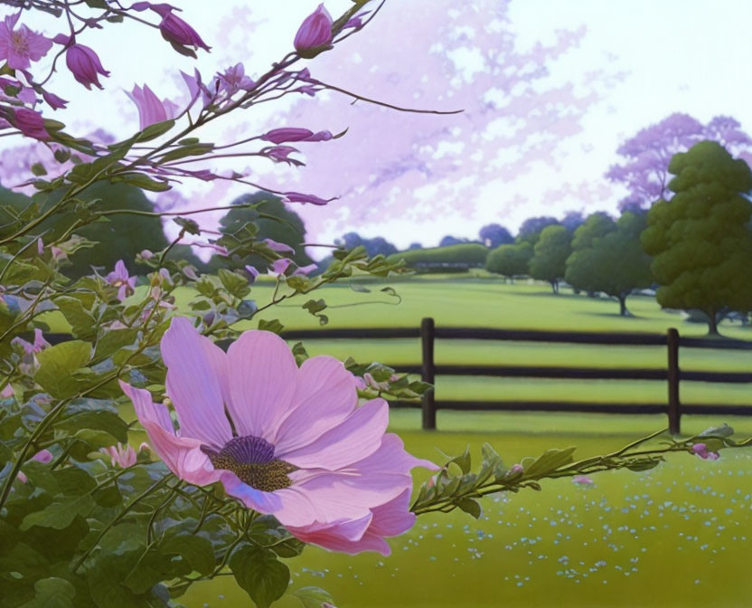 Tranquil landscape with blooming pink flowers, green hills, trees, and wooden fence under a