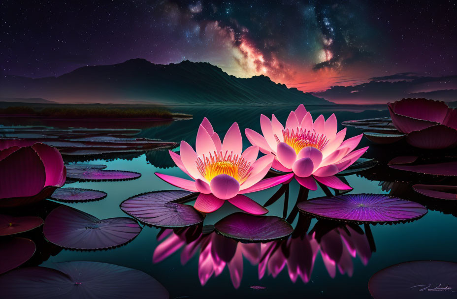 Vivid Pink Water Lilies on Tranquil Lake with Starry Sky