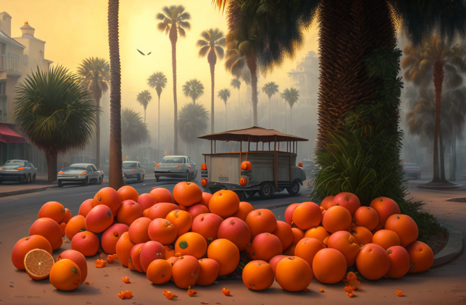 Sunset street scene with orange stand, scattered oranges, palm trees, and warm lighting