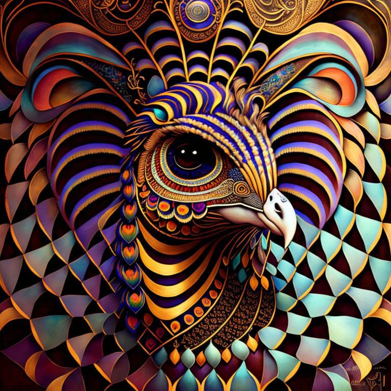 Vibrant peacock illustration with colorful psychedelic patterns