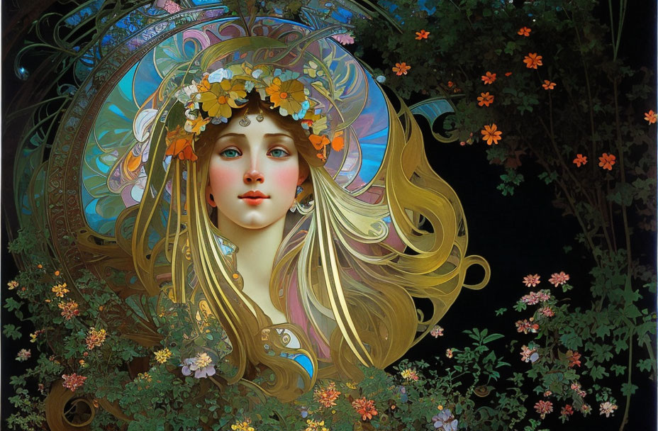 Blonde Woman with Floral Wreath in Night Garden