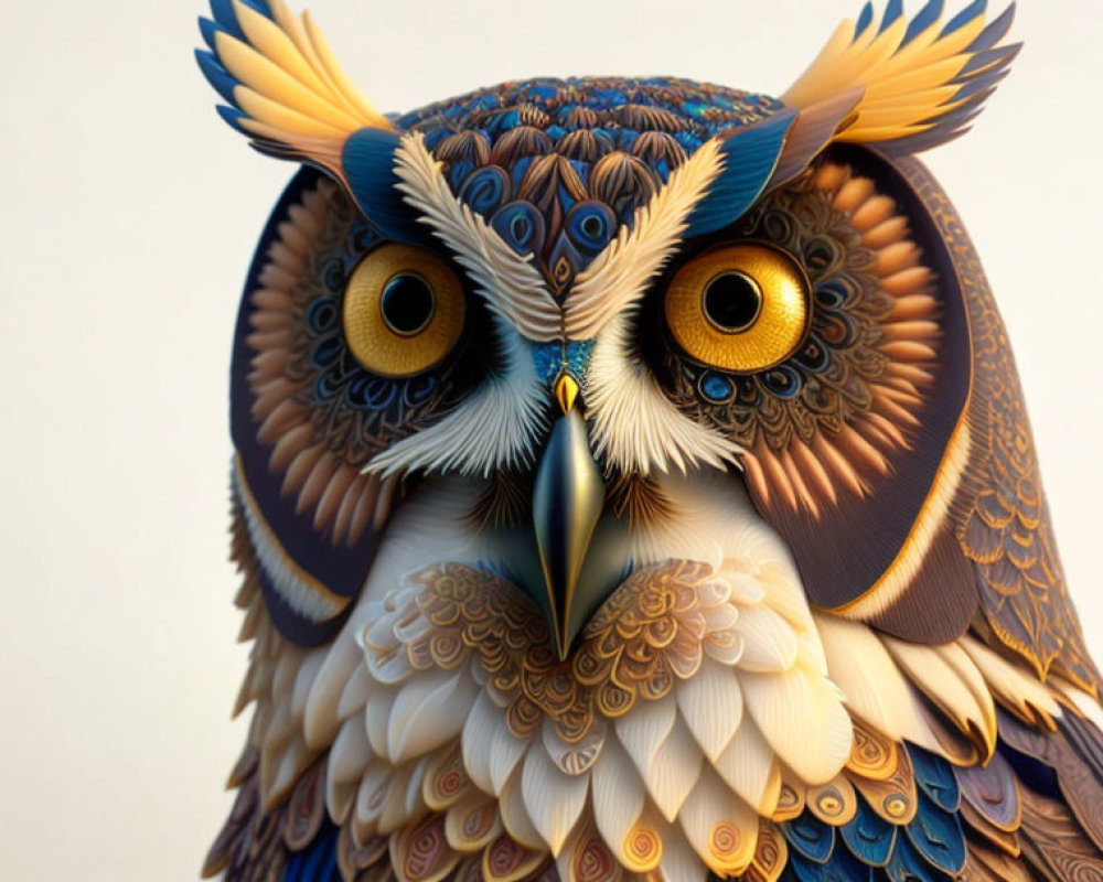 Intricate Paper Art Owl Sculpture with Colorful Feathers