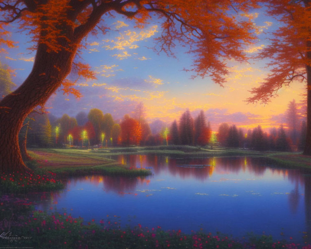 Autumn sunset over serene lakeside with vibrant colors and pink flowers.